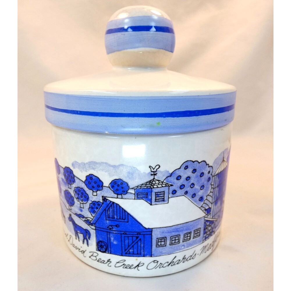 Harry & David Bear Creek Orchards Blue & White Jam Jar 5" w/Lid Crock Medford OR